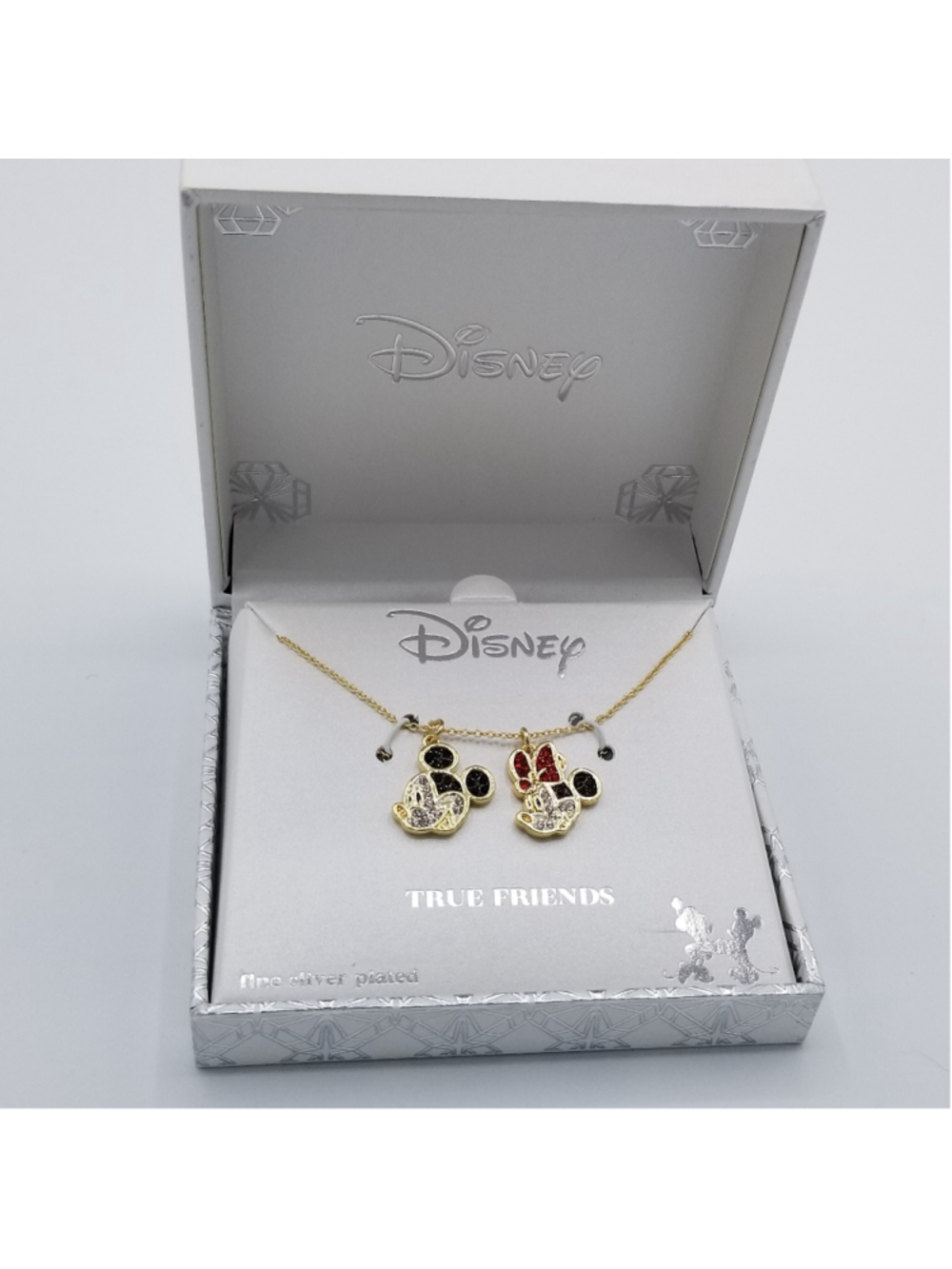 Disney Mickey Minnie Necklace True Friends Pendant Gold Crystal NIB